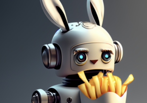 AI prompt: "Sleepy robot wearing bunny ears and eating French fries."